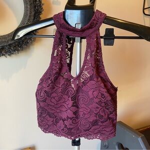 Lace Halter Crop Top in Burgundy